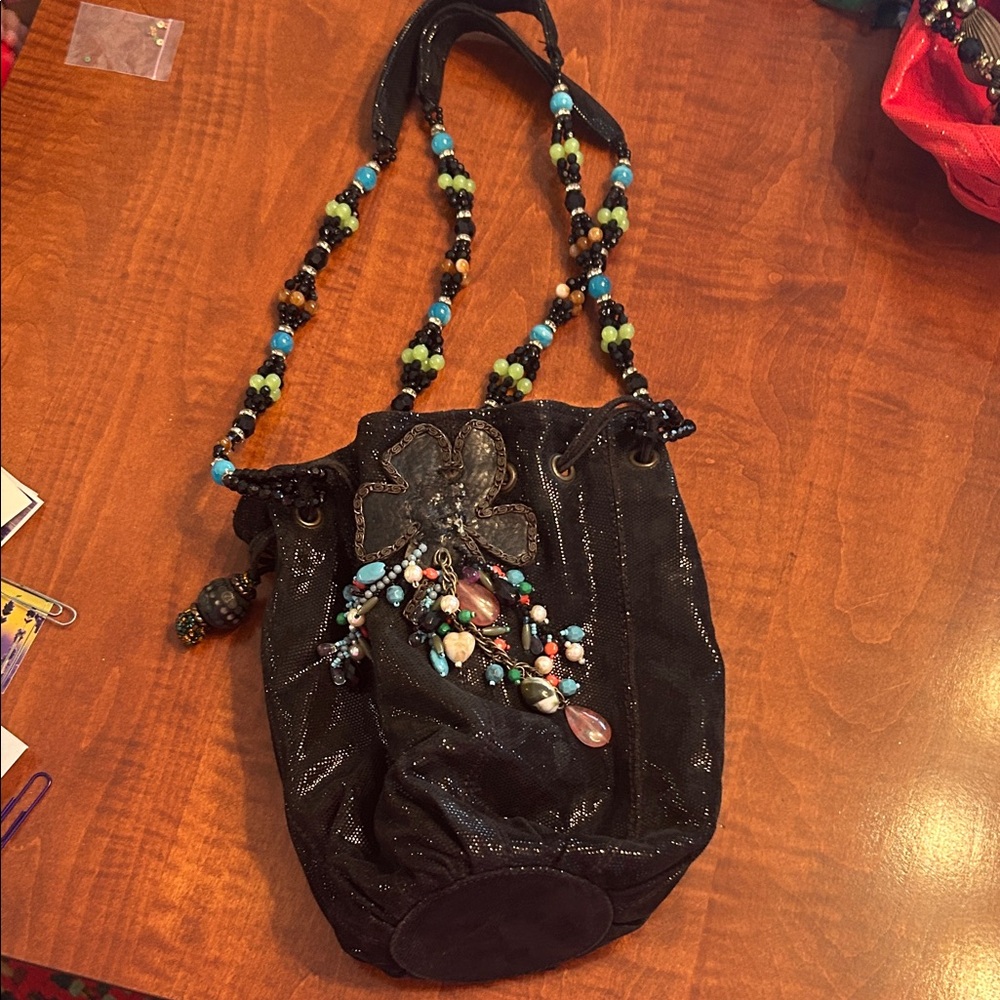 Mary Frances Black Beaded Shoulder Bag